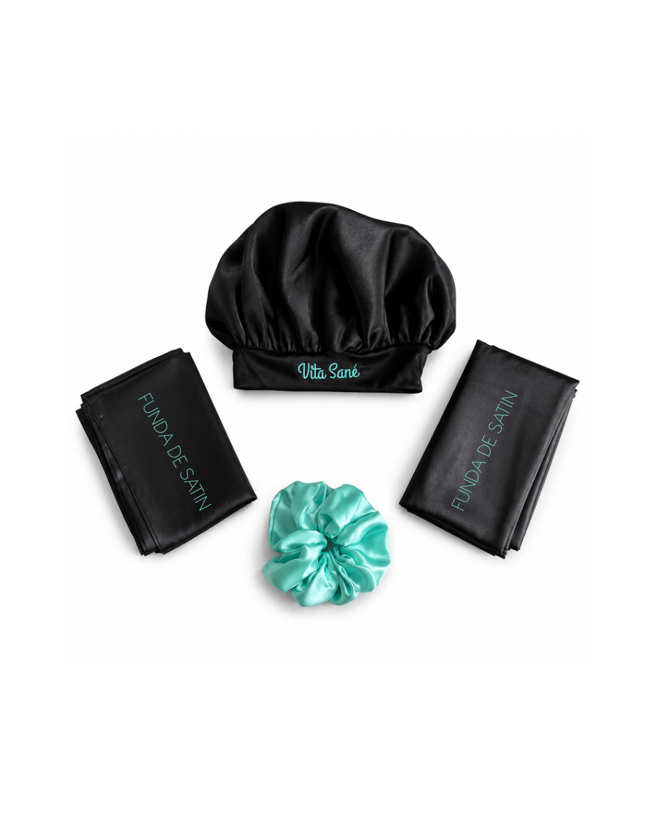 Kit de Sueños Bonitos Vita Sané – Gorro, Scrunchie y 2 Fundas de Almohada 100% Satín
