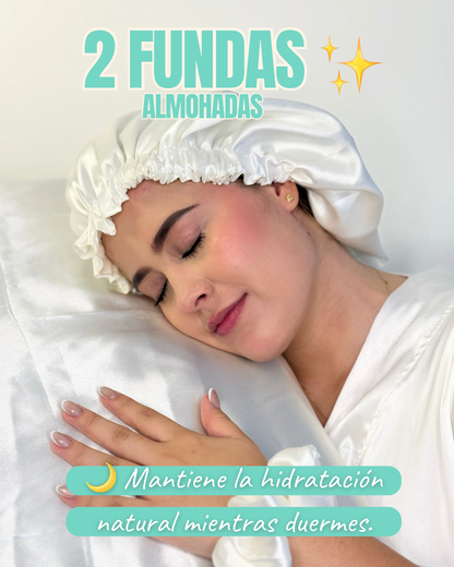 Kit de Sueños Bonitos Vita Sané – Gorro, Scrunchie y 2 Fundas de Almohada 100% Satín