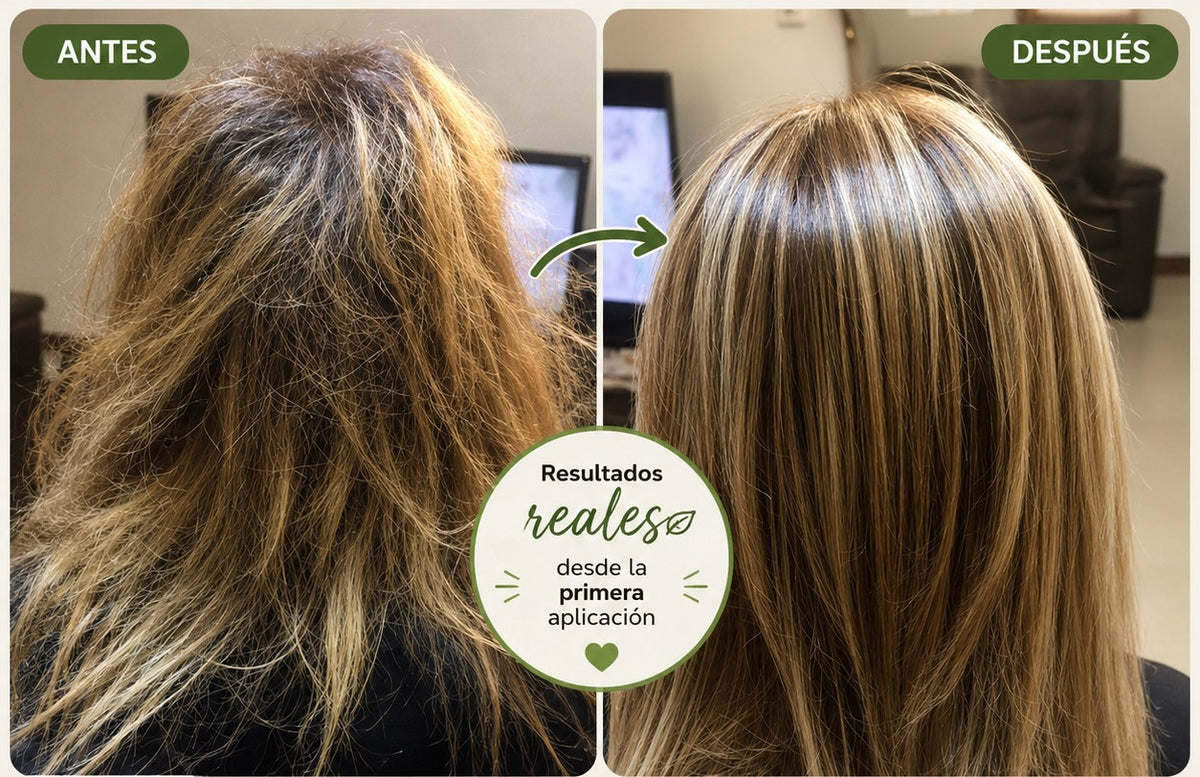 Antes y despues de un cabello decolorado que recupero brillo y suavidad con Vita Sane