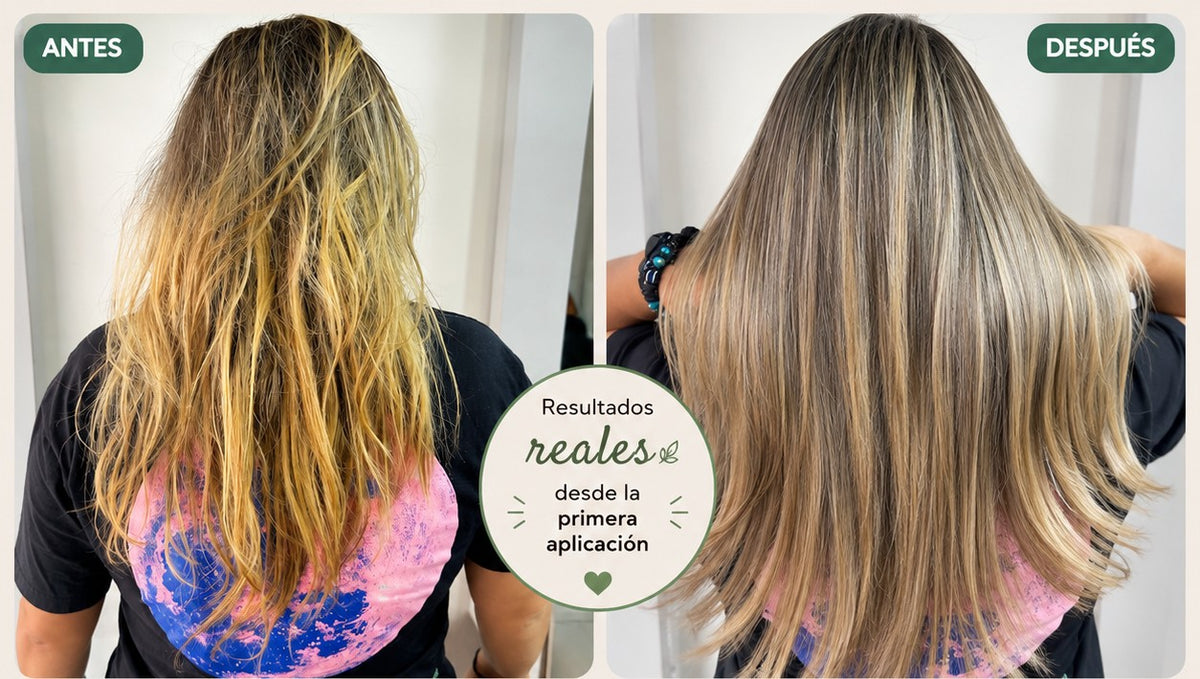 Antes y despues del cabello de Daniela tras usar Shampoo Control Plus y la Terapia Reconstructiva Vita Sane