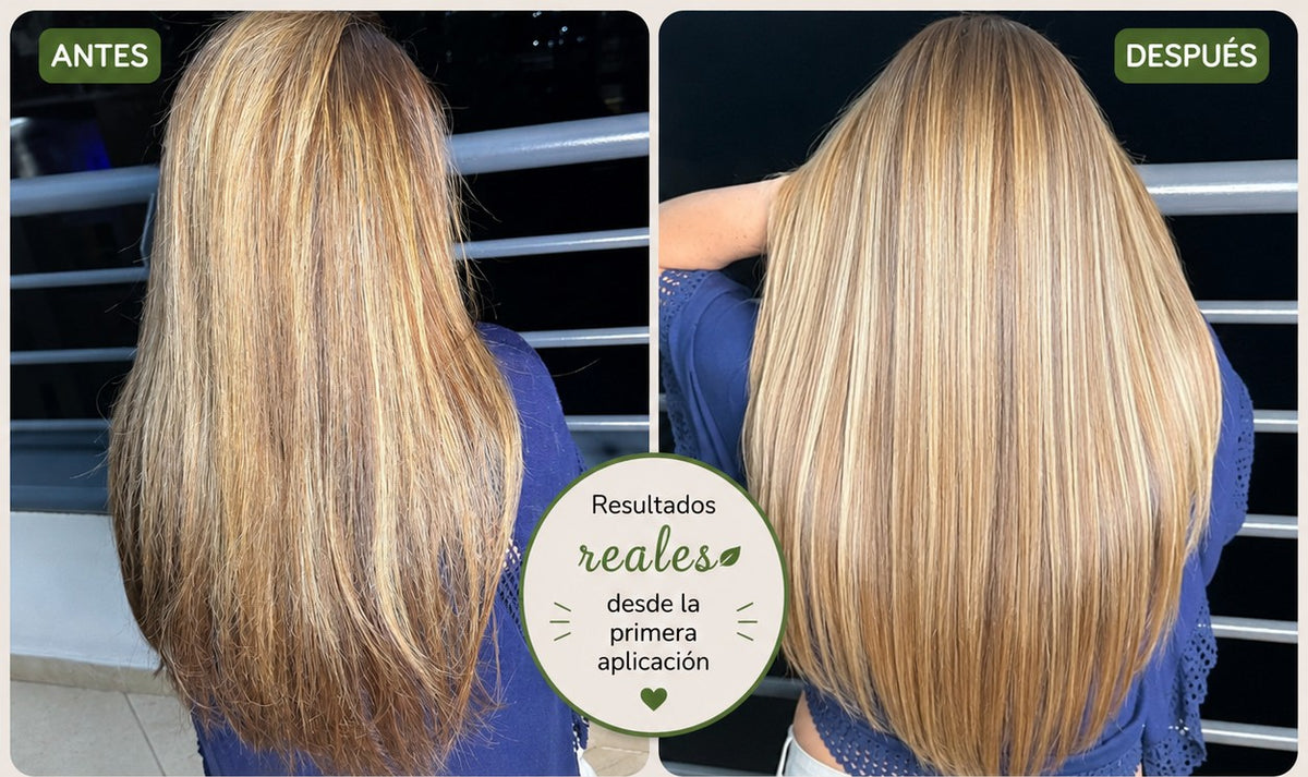 Antes y despues del cabello decolorado de Sonia tras usar Paso 1 y Paso 2 de Vita Sane